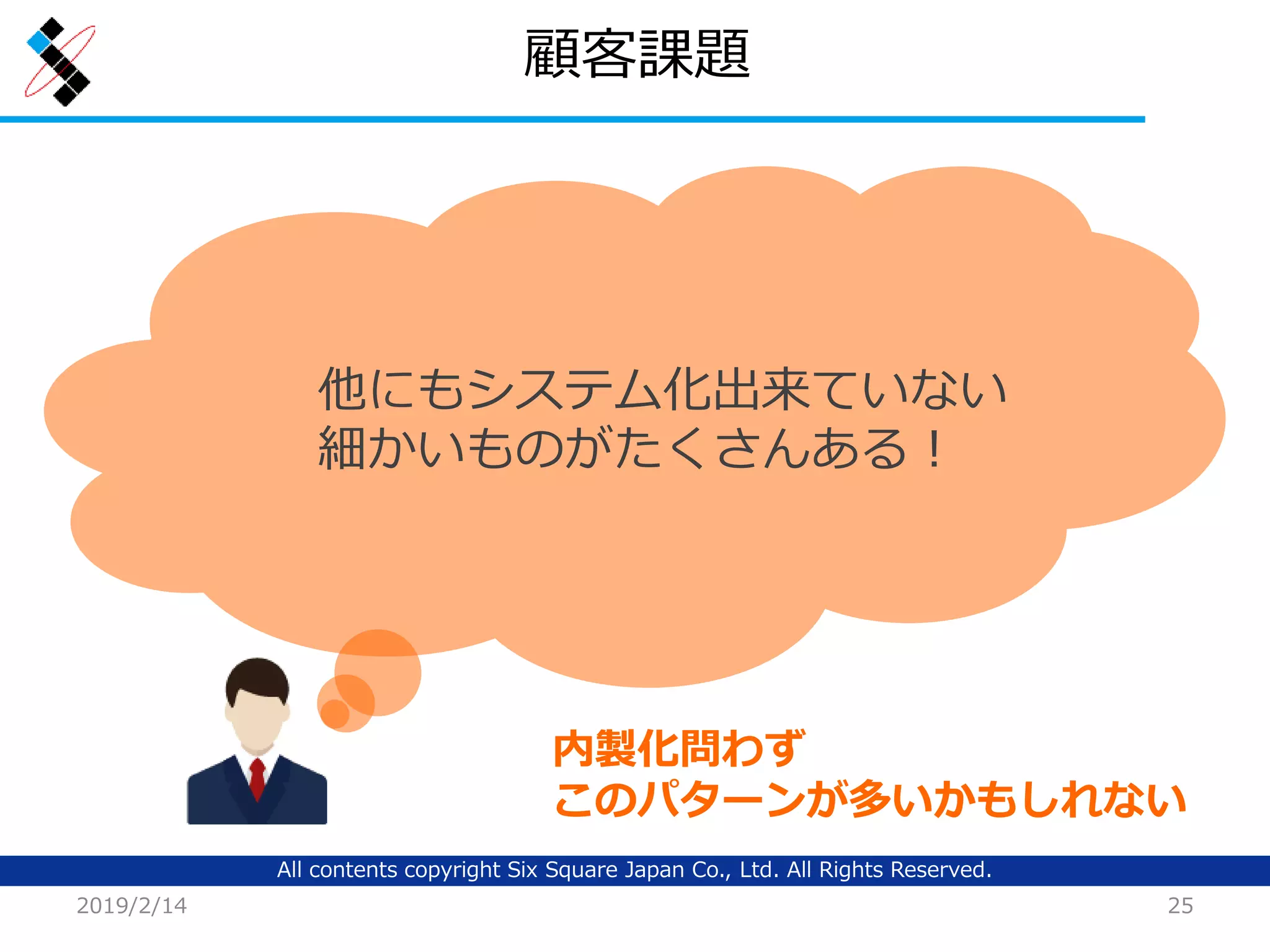All contents copyright Six Square Japan Co., Ltd. All Rights Reserved.
顧客課題
2019/2/14 25
他にもシステム化出来ていない
細かいものがたくさんある！
内製化問わず
このパターンが多いかもしれない
 