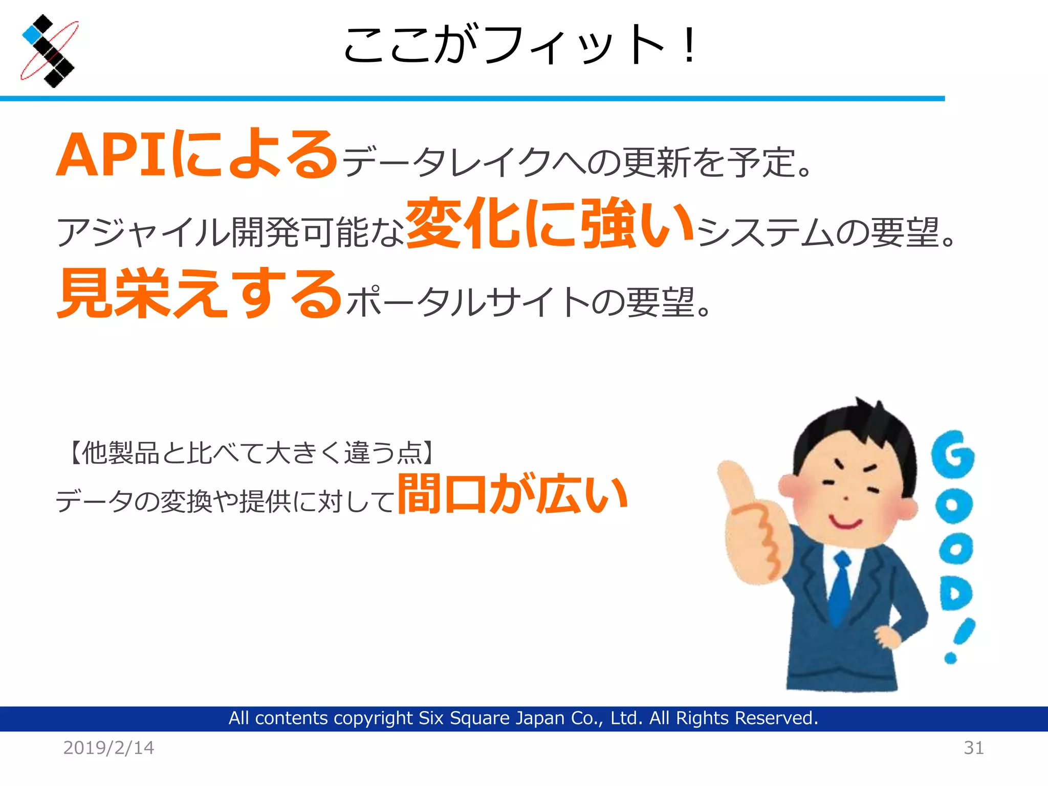 All contents copyright Six Square Japan Co., Ltd. All Rights Reserved.
ここがフィット！
2019/2/14 31
APIによるデータレイクへの更新を予定。
アジャイル開発可能な変化に強いシステムの要望。
見栄えするポータルサイトの要望。
【他製品と比べて大きく違う点】
データの変換や提供に対して間口が広い
 