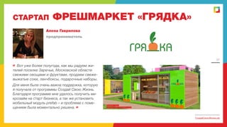 СТАРТАП

ФРЕШМАРКЕТ «ГРЯДКА»

Алена Гаврилова
предприниматель

31

«

Вот уже более полугода, как мы радуем жителей поселке Заречье, Московской области
свежими овощами и фруктами, продаем свежевыжатые соки, ланчбоксы, подарочные наборы.
Для меня была очень важна поддержка, которую
я получала от программы Создай Свою Жизнь.
Благодаря программе мне удалось получить микрозайм на старт бизнеса, а так же установить
мобильный модуль prefab – и проблема с помещением была моментально решена. »
СоздайСвоюЖизнь.рф

 