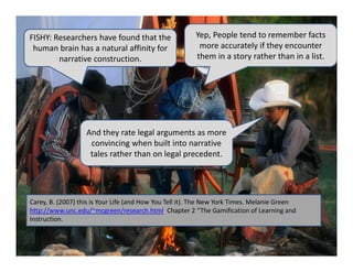FISHY: Researchers have found that the                   Yep, People tend to remember facts 
 human brain has a natural affinity for                   more accurately if they encounter 
        narrative construction.                          them in a story rather than in a list.




                   And they rate legal arguments as more 
                    convincing when built into narrative 
                    tales rather than on legal precedent.




Carey, B. (2007) this is Your Life (and How You Tell it). The New York Times. Melanie Green 
http://www.unc.edu/~mcgreen/research.html. Chapter 2 “The Gamification of Learning and 
Instruction. 
 