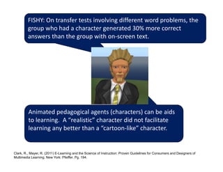 FISHY: On transfer tests involving different word problems, the 
         group who had a character generated 30% more correct 
         answers than the group with on‐screen text.




         Animated pedagogical agents (characters) can be aids 
         to learning.  A “realistic” character did not facilitate 
         learning any better than a “cartoon‐like” character.


Clark, R., Mayer, R. (2011) E-Learning and the Science of Instruction: Proven Guidelines for Consumers and Designers of
Multimedia Learning. New York: Pfeiffer. Pg. 194.
 
