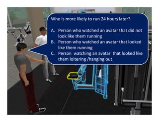 Who is more likely to run 24 hours later?

A. Person who watched an avatar that did not 
   look like them running
B. Person who watched an avatar that looked 
   like them running
C. Person  watching an avatar  that looked like 
   them loitering /hanging out
 