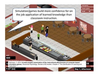 Simulation/games build more confidence for on 
          the job application of learned knowledge than 
                      classroom instruction.




Sitzmann, T. (2011) A meta-analytic examination of the instructional effectiveness of computer-based
simulation games. Personnel Psychology .Review of 65 studies. Chapter 4 “The Gamification of Learning and
Instruction.”
 