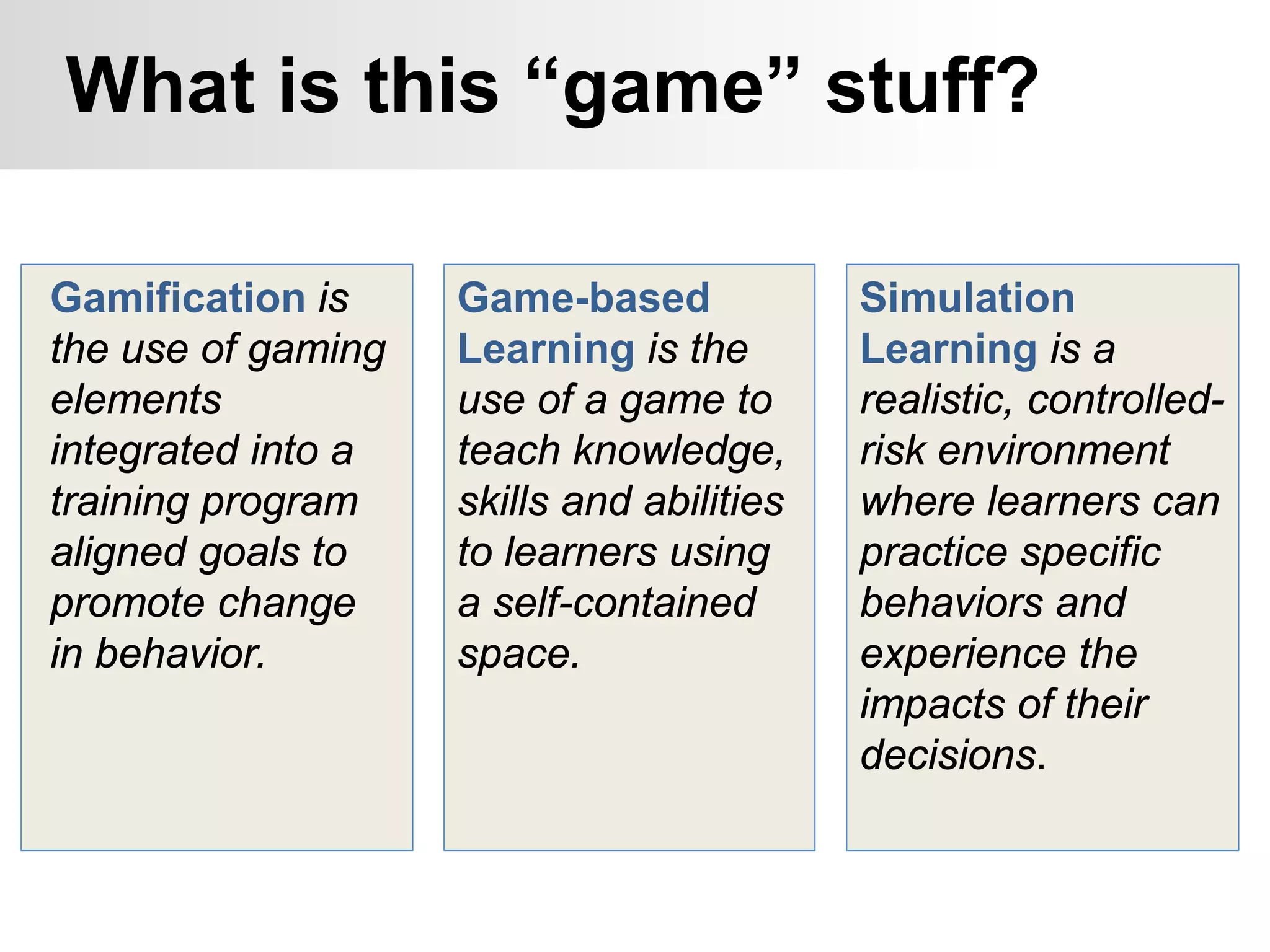 Gamification is
the use of gaming
elements
integrated into a
training program
aligned goals to
promote change
in behavior.
Game-based
Learning is the
use of a game to
teach knowledge,
skills and abilities
to learners using
a self-contained
space.
What is this “game” stuff?
Simulation
Learning is a
realistic, controlled-
risk environment
where learners can
practice specific
behaviors and
experience the
impacts of their
decisions.
 