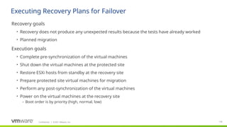 Confidential ©2021 VMware, Inc.
│ 128
​
Recovery goals
• Recovery does not produce any unexpected results because the tests have already worked
• Planned migration
​
Execution goals
• Complete pre-synchronization of the virtual machines
• Shut down the virtual machines at the protected site
• Restore ESXi hosts from standby at the recovery site
• Prepare protected site virtual machines for migration
• Perform any post-synchronization of the virtual machines
• Power on the virtual machines at the recovery site
– Boot order is by priority (high, normal, low)
Executing Recovery Plans for Failover
 