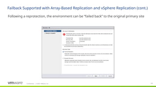 Confidential ©2021 VMware, Inc.
│ 135
​
Following a reprotection, the environment can be “failed back” to the original primary site
Failback Supported with Array-Based Replication and vSphere Replication (cont.)
 
