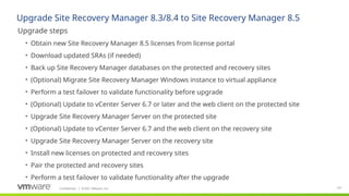 Confidential ©2021 VMware, Inc.
│ 147
​
Upgrade steps
• Obtain new Site Recovery Manager 8.5 licenses from license portal
• Download updated SRAs (if needed)
• Back up Site Recovery Manager databases on the protected and recovery sites
• (Optional) Migrate Site Recovery Manager Windows instance to virtual appliance
• Perform a test failover to validate functionality before upgrade
• (Optional) Update to vCenter Server 6.7 or later and the web client on the protected site
• Upgrade Site Recovery Manager Server on the protected site
• (Optional) Update to vCenter Server 6.7 and the web client on the recovery site
• Upgrade Site Recovery Manager Server on the recovery site
• Install new licenses on protected and recovery sites
• Pair the protected and recovery sites
• Perform a test failover to validate functionality after the upgrade
Upgrade Site Recovery Manager 8.3/8.4 to Site Recovery Manager 8.5
 