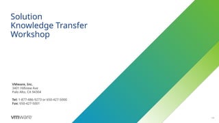 150
Solution
Knowledge Transfer
Workshop
VMware, Inc.
3401 Hillview Ave
Palo Alto, CA 94304
Tel: 1-877-486-9273 or 650-427-5000
Fax: 650-427-5001
 