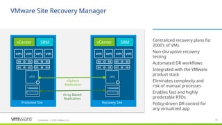 Confidential ©2021 VMware, Inc.
│ 20
20
VMware Site Recovery Manager
​
Centralized recovery plans for
2000’s of VMs
​
Non-disruptive recovery
testing
​
Automated DR workflows
​
Integrated with the VMware
product stack
​
Eliminates complexity and
risk of manual processes
​
Enables fast and highly
predictable RTOs
​
Policy-driven DR control for
any virtualized app
Protected Site
Array Based
Replication
vSphere
Replication
vCenter SRM
Recovery Site
vCenter SRM
 