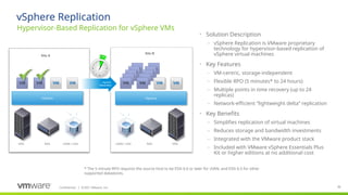 Confidential ©2021 VMware, Inc.
│ 26
26
Hypervisor-Based Replication for vSphere VMs
vSphere Replication
vSphere
Site A
vSphere
vSphere
Replication
SAN NAS vSAN / vVol vSAN / vVol NAS SAN
Site B
• Solution Description
– vSphere Replication is VMware proprietary
technology for hypervisor-based replication of
vSphere virtual machines
• Key Features
– VM-centric, storage-independent
– Flexible RPO (5 minutes* to 24 hours)
– Multiple points in time recovery (up to 24
replicas)
– Network-efficient “lightweight delta” replication
• Key Benefits
– Simplifies replication of virtual machines
– Reduces storage and bandwidth investments
– Integrated with the VMware product stack
– Included with VMware vSphere Essentials Plus
Kit or higher editions at no additional cost
* The 5 minute RPO requires the source host to be ESXi 6.0 or later for vSAN, and ESXi 6.5 for other
supported datastores.
 