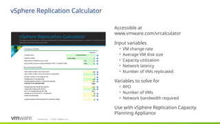 Confidential ©2021 VMware, Inc.
│
vSphere Replication Calculator
​
Accessible at
www.vmware.com/vrcalculator
​
Input variables
• VM change rate
• Average VM disk size
• Capacity utilization
• Network latency
• Number of VMs replicated
​
Variables to solve for
• RPO
• Number of VMs
• Network bandwidth required
​
Use with vSphere Replication Capacity
Planning Appliance
 