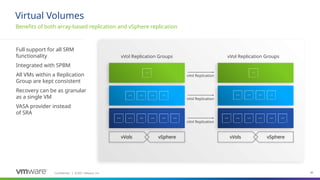 Confidential ©2021 VMware, Inc.
│ 46
46
Full support for all SRM
functionality
Integrated with SPBM
All VMs within a Replication
Group are kept consistent
Recovery can be as granular
as a single VM
VASA provider instead
of SRA
Benefits of both array-based replication and vSphere replication
Virtual Volumes
vVols vSphere
vVol Replication Groups
vVols vSphere
vVol Replication
vVol Replication
vVol Replication Groups
vVol Replication
 