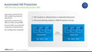 Confidential ©2021 VMware, Inc.
│ 91
91
Automatic protection for
VMs added to protected
datastores
Automatic protection for
VMs on vVols using SPBM
Ensures VMs are protected
in dynamic environments
No configuration required
SRM will now automatically protect VMs
Automated VM Protection
2. VM automatically added to SRM Protection Group
File – Block - vVols File – Block - vVols
Array
Replication
Protected VMs Replica VMs
1. VM Created or vMotioned to a replicated datastore
 