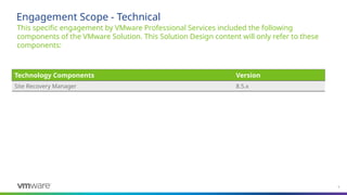 9
This specific engagement by VMware Professional Services included the following
components of the VMware Solution. This Solution Design content will only refer to these
components:
Engagement Scope - Technical
Technology Components Version
Site Recovery Manager 8.5.x
 
