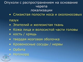 Опухоли с распространением на основание
                 черепа
              локализации
  •  Слизистая полости носа и околоносовых
       пазух
       •  Эпителий и железистая ткань
       •  Кожа лица и волосистой части головы
       •  кость / хрящь
       •  твердая мозговая оболочка
       •  Кровеносные сосуды / нервы
       •  Орбита
2012   •  Нотохорд
 
