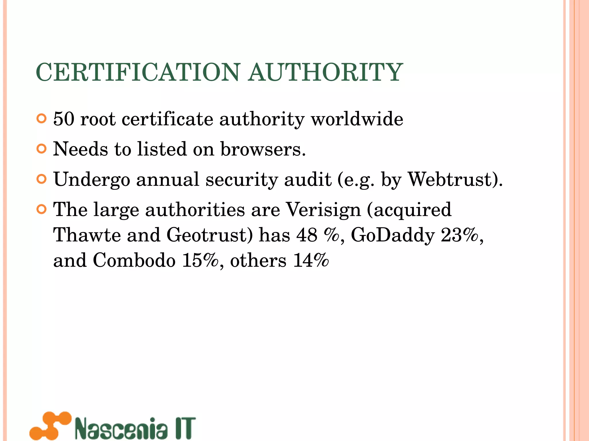 CERTIFICATION AUTHORITY 50 root certificate authority worldwide Needs to listed on browsers.  Undergo annual security audit (e.g. by Webtrust). The large authorities are Verisign (acquired Thawte and Geotrust) has 48 %, GoDaddy 23%, and Combodo 15%, others 14% 