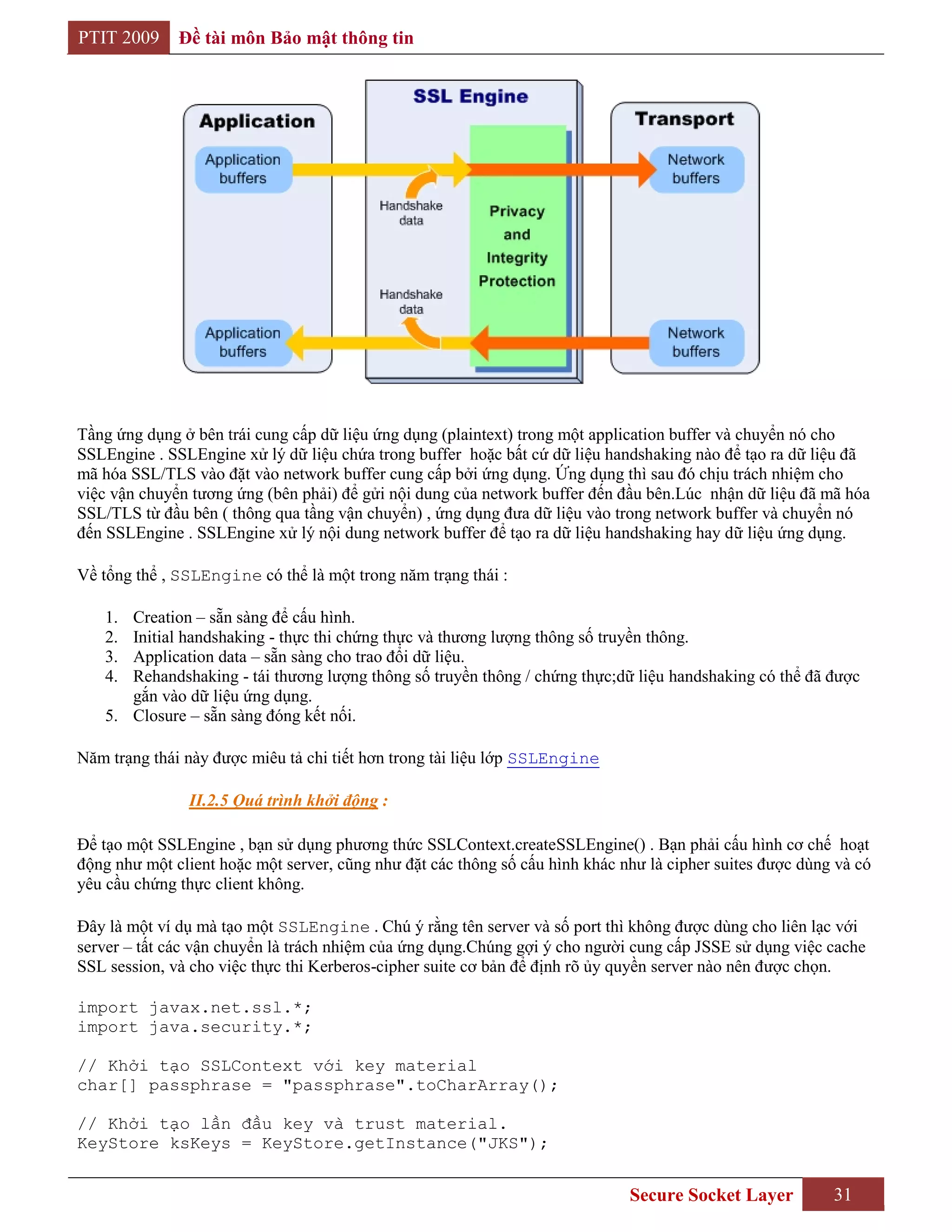 PTIT 2009     Đề tài môn Bảo mật thông tin




Tầng ứng dụng ở bên trái cung cấp dữ liệu ứng dụng (plaintext) trong một application buffer và chuyển nó cho
SSLEngine . SSLEngine xử lý dữ liệu chứa trong buffer hoặc bất cứ dữ liệu handshaking nào để tạo ra dữ liệu đã
mã hóa SSL/TLS vào đặt vào network buffer cung cấp bởi ứng dụng. Ứng dụng thì sau đó chịu trách nhiệm cho
việc vận chuyển tương ứng (bên phải) để gửi nội dung của network buffer đến đầu bên.Lúc nhận dữ liệu đã mã hóa
SSL/TLS từ đầu bên ( thông qua tầng vận chuyển) , ứng dụng đưa dữ liệu vào trong network buffer và chuyển nó
đến SSLEngine . SSLEngine xử lý nội dung network buffer để tạo ra dữ liệu handshaking hay dữ liệu ứng dụng.

Về tổng thể , SSLEngine có thể là một trong năm trạng thái :

   1. Creation – sẵn sàng để cấu hình.
   2. Initial handshaking - thực thi chứng thực và thương lượng thông số truyền thông.
   3. Application data – sẵn sàng cho trao đổi dữ liệu.
   4. Rehandshaking - tái thương lượng thông số truyền thông / chứng thực;dữ liệu handshaking có thể đã được
      gắn vào dữ liệu ứng dụng.
   5. Closure – sẵn sàng đóng kết nối.

Năm trạng thái này được miêu tả chi tiết hơn trong tài liệu lớp SSLEngine

               II.2.5 Quá trình khởi động :

Để tạo một SSLEngine , bạn sử dụng phương thức SSLContext.createSSLEngine() . Bạn phải cấu hình cơ chế hoạt
động như một client hoặc một server, cũng như đặt các thông số cấu hình khác như là cipher suites được dùng và có
yêu cầu chứng thực client không.

Đây là một ví dụ mà tạo một SSLEngine . Chú ý rằng tên server và số port thì không được dùng cho liên lạc với
server – tất các vận chuyển là trách nhiệm của ứng dụng.Chúng gợi ý cho người cung cấp JSSE sử dụng việc cache
SSL session, và cho việc thực thi Kerberos-cipher suite cơ bản để định rõ ủy quyền server nào nên được chọn.

import javax.net.ssl.*;
import java.security.*;

// Khởi tạo SSLContext với key material
char[] passphrase = "passphrase".toCharArray();

// Khởi tạo lần đầu key và trust material.
KeyStore ksKeys = KeyStore.getInstance("JKS");


                                                                              Secure Socket Layer          31
 