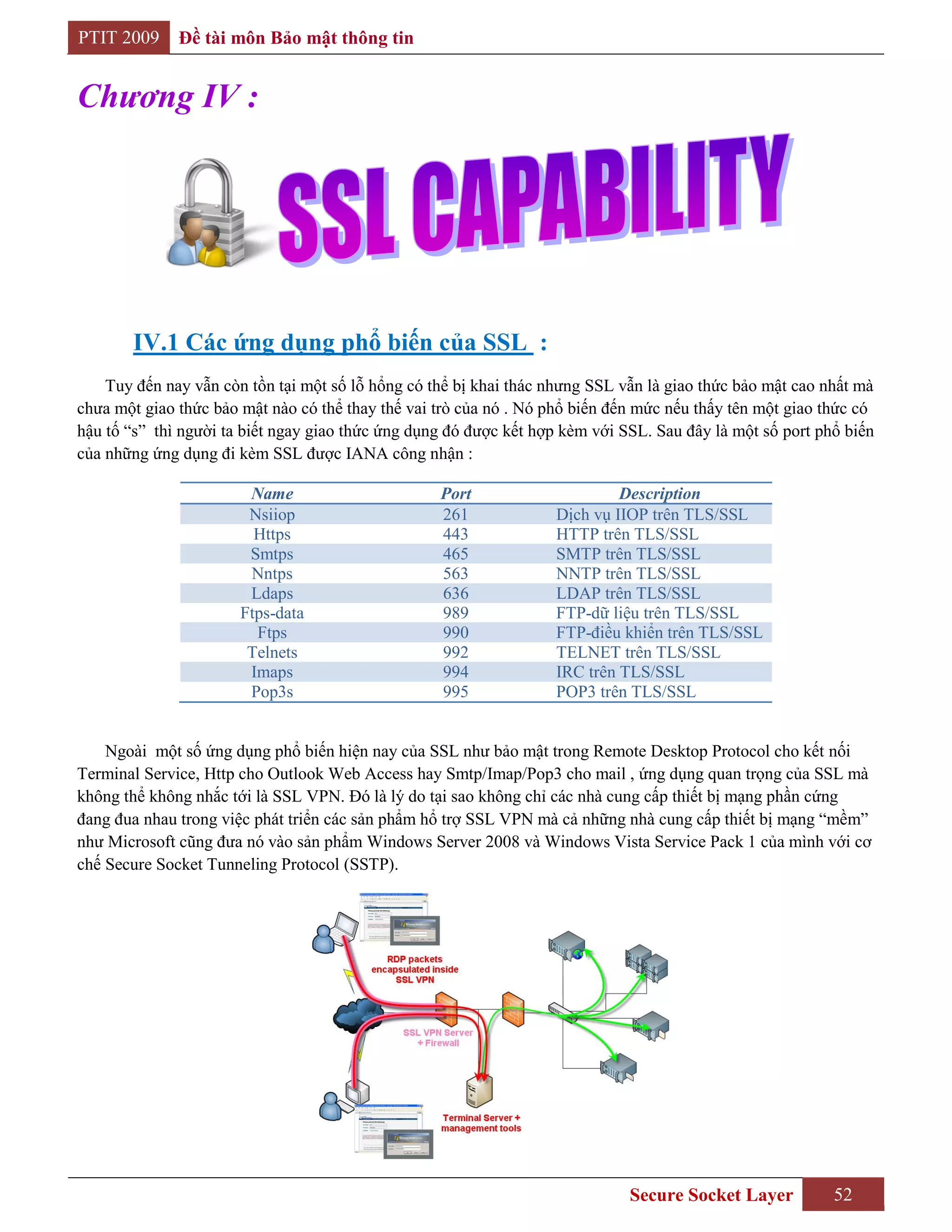 PTIT 2009     Đề tài môn Bảo mật thông tin


Chương IV :




       IV.1 Các ứng dụng phổ biến của SSL :
    Tuy đến nay vẫn còn tồn tại một số lỗ hổng có thể bị khai thác nhưng SSL vẫn là giao thức bảo mật cao nhất mà
chưa một giao thức bảo mật nào có thể thay thế vai trò của nó . Nó phổ biến đến mức nếu thấy tên một giao thức có
hậu tố “s” thì người ta biết ngay giao thức ứng dụng đó được kết hợp kèm với SSL. Sau đây là một số port phổ biến
của những ứng dụng đi kèm SSL được IANA công nhận :

                        Name                       Port                     Description
                        Nsiiop                     261             Dịch vụ IIOP trên TLS/SSL
                         Https                     443             HTTP trên TLS/SSL
                        Smtps                      465             SMTP trên TLS/SSL
                        Nntps                      563             NNTP trên TLS/SSL
                        Ldaps                      636             LDAP trên TLS/SSL
                       Ftps-data                   989             FTP-dữ liệu trên TLS/SSL
                         Ftps                      990             FTP-điều khiển trên TLS/SSL
                        Telnets                    992             TELNET trên TLS/SSL
                        Imaps                      994             IRC trên TLS/SSL
                        Pop3s                      995             POP3 trên TLS/SSL


    Ngoài một số ứng dụng phổ biến hiện nay của SSL như bảo mật trong Remote Desktop Protocol cho kết nối
Terminal Service, Http cho Outlook Web Access hay Smtp/Imap/Pop3 cho mail , ứng dụng quan trọng của SSL mà
không thể không nhắc tới là SSL VPN. Đó là lý do tại sao không chỉ các nhà cung cấp thiết bị mạng phần cứng
đang đua nhau trong việc phát triển các sản phẩm hổ trợ SSL VPN mà cả những nhà cung cấp thiết bị mạng “mềm”
như Microsoft cũng đưa nó vào sản phẩm Windows Server 2008 và Windows Vista Service Pack 1 của mình với cơ
chế Secure Socket Tunneling Protocol (SSTP).




                                                                              Secure Socket Layer          52
 