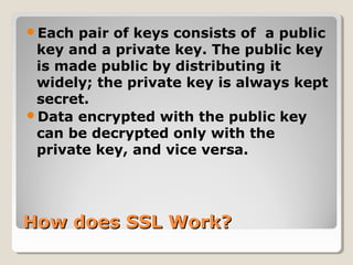 How does SSL Work?How does SSL Work?
Each pair of keys consists of a public
key and a private key. The public key
is made public by distributing it
widely; the private key is always kept
secret.
Data encrypted with the public key
can be decrypted only with the
private key, and vice versa.
 