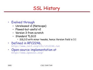 SMU CSE 5349/7349
SSL History
• Evolved through
– Unreleased v1 (Netscape)
– Flawed-but-useful v2
– Version 3 from scratch...