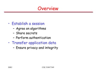 SMU CSE 5349/7349
Overview
• Establish a session
– Agree on algorithms
– Share secrets
– Perform authentication
• Transfer...