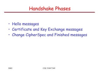 SMU CSE 5349/7349
Handshake Phases
• Hello messages
• Certificate and Key Exchange messages
• Change CipherSpec and Finish...