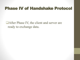 Phase IV of Handshake Protocol
After Phase IV, the client and server are
ready to exchange data.
 