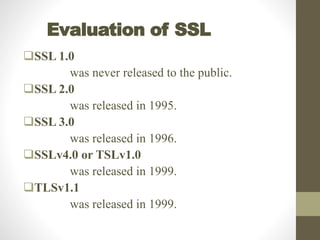 Evaluation of SSL
SSL 1.0
was never released to the public.
SSL 2.0
was released in 1995.
SSL 3.0
was released in 1996.
SSLv4.0 or TSLv1.0
was released in 1999.
TLSv1.1
was released in 1999.
 