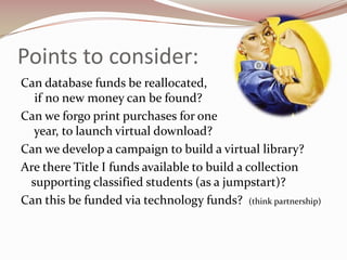 Points to consider:
Can database funds be reallocated,
  if no new money can be found?
Can we forgo print purchases for one
  year, to launch virtual download?
Can we develop a campaign to build a virtual library?
Are there Title I funds available to build a collection
 supporting classified students (as a jumpstart)?
Can this be funded via technology funds? (think partnership)
 