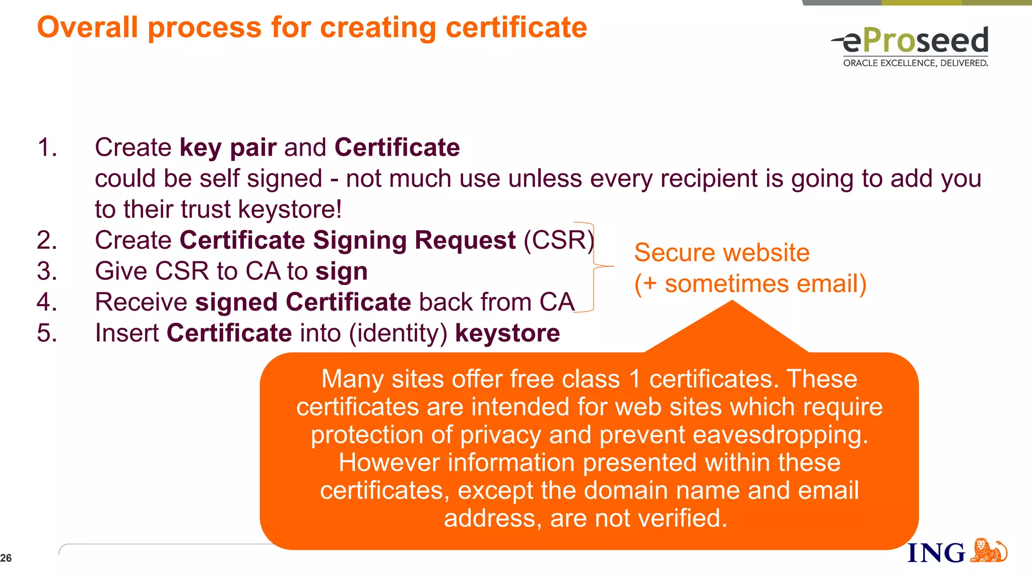 Overall process for creating certificate
1. Create key pair and Certificate
could be self signed - not much use unless every recipient is going to add you
to their trust keystore!
2. Create Certificate Signing Request (CSR)
3. Give CSR to CA to sign
4. Receive signed Certificate back from CA
5. Insert Certificate into (identity) keystore
Secure website
(+ sometimes email)
26
Many sites offer free class 1 certificates. These
certificates are intended for web sites which require
protection of privacy and prevent eavesdropping.
However information presented within these
certificates, except the domain name and email
address, are not verified.
 