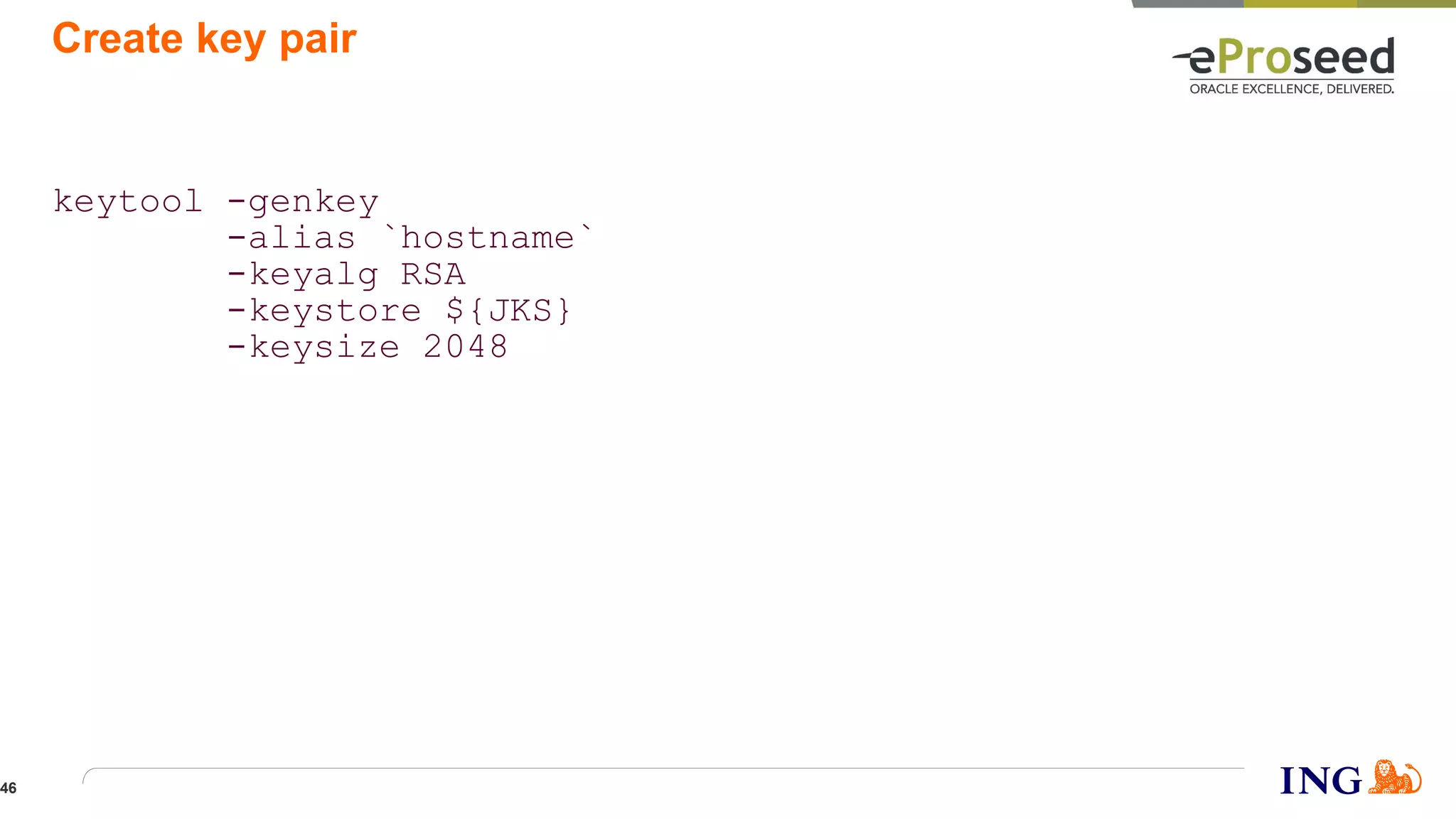 Create key pair
keytool -genkey
-alias `hostname`
-keyalg RSA
-keystore ${JKS}
-keysize 2048
46
 
