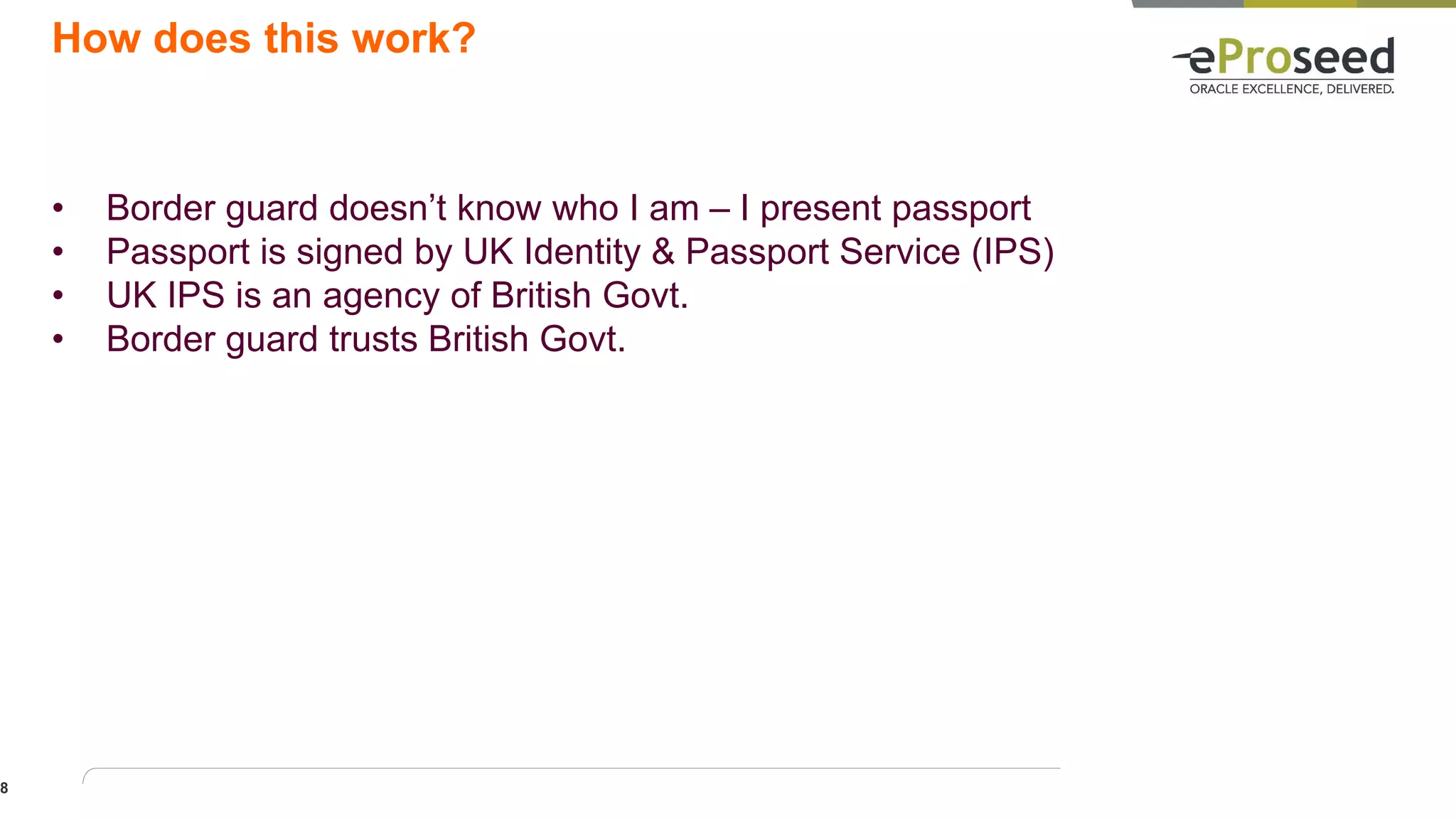 How does this work?
• Border guard doesn’t know who I am – I present passport
• Passport is signed by UK Identity & Passport Service (IPS)
• UK IPS is an agency of British Govt.
• Border guard trusts British Govt.
8
 