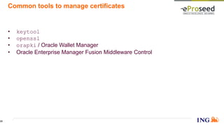 Common tools to manage certificates
• keytool
• openssl
• orapki / Oracle Wallet Manager
• Oracle Enterprise Manager Fusion Middleware Control
25
 