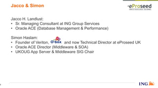 Jacco H. Landlust:
• Sr. Managing Consultant at ING Group Services
• Oracle ACE (Database Management & Performance)
Simon Haslam:
• Founder of Veriton, and now Technical Director at eProseed UK
• Oracle ACE Director (Middleware & SOA)
• UKOUG App Server & Middleware SIG Chair
Jacco & Simon
3
 