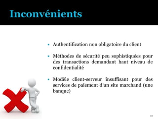  Authentification non obligatoire du client
 Méthodes de sécurité peu sophistiquées pour
des transactions demandant haut niveau de
confidentialité
 Modèle client-serveur insuffisant pour des
services de paiement d’un site marchand (une
banque)
10
 