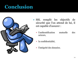  SSL remplit les objectifs de
sécurité que l’on attend de lui, il
est capable d’assurer :
 l’authentification mutuelle des
acteurs,
 la confidentialité,
 l’intégrité des données.
20
 