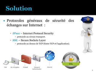  Protocoles généraux de sécurité des
échanges sur Internet :
▪ IPsec – Internet Protocol Security
 protocole au niveau transport.
▪ SSL – Secure Sockets Layer
 protocole au dessus de TCP (Entre TCP et l'application).
4
 