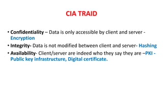 CIA TRAID
• Confidentiality – Data is only accessible by client and server -
Encryption
• Integrity- Data is not modified between client and server- Hashing
• Availability- Client/server are indeed who they say they are –PKI -
Public key infrastructure, Digital certificate.
 