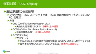 遅延対策：OCSP Stapling
▶SSL証明書の失効処理
▶ブラウザは、SSLハンドシェイク後、SSL証明書の有効性（失効していない
か）を確認
▶方法
▶CRL (Certification Revocation List)
▶失効した証明書のリスト、数秒以上の遅延
▶OCSP (Online Certificate Status Protocol)
▶有効性確認のAPI、0.5秒～の遅延
▶OCSP Stapling
▶Webサーバ
▶前記APIにより証明書の有効性を確認（OCSPレスポンスをキャッシュ)
▶証明書と同時にOCSPレスポンスを送信、基本的に遅延なし
© 2015 J-Stream Inc. All Rights Reserved. 11
 