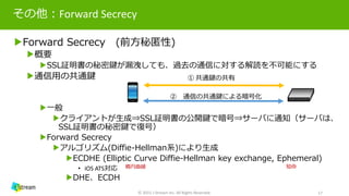 その他：Forward Secrecy
▶Forward Secrecy (前方秘匿性)
▶概要
▶SSL証明書の秘密鍵が漏洩しても、過去の通信に対する解読を不可能にする
▶通信用の共通鍵
▶一般
▶クライアントが生成⇒SSL証明書の公開鍵で暗号⇒サーバに通知（サーバは、
SSL証明書の秘密鍵で復号）
▶Forward Secrecy
▶アルゴリズム(Diffie-Hellman系)により生成
▶ECDHE (Elliptic Curve Diffie-Hellman key exchange, Ephemeral)
• iOS ATS対応
▶DHE、ECDH
© 2015 J-Stream Inc. All Rights Reserved. 17
② 通信の共通鍵による暗号化
① 共通鍵の共有
楕円曲線 短命
 