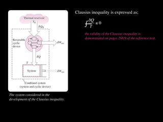 Clausius inequality is expressed as;
                                                δQ
                                               — ≤0
                                               ∫T
                                               the validity of the Clausius inequality is
                                               demonstrated on pages 298/9 of the reference text.




The system considered in the
development of the Clausius inequality.
 