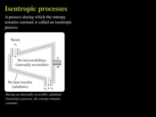 Isentropic processes
A process during which the entropy
remains constant is called an isentropic
process




During an internally reversible, adiabatic
(isentropic) process, the entropy remains
constant.
 