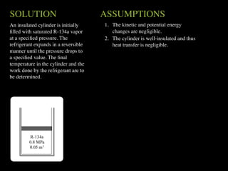 SOLUTION                              ASSUMPTIONS
An insulated cylinder is initially    1. The kinetic and potential energy
ﬁlled with saturated R-134a vapor        changes are negligible.
at a speciﬁed pressure. The           2. The cylinder is well-insulated and thus
refrigerant expands in a reversible      heat transfer is negligible.
manner until the pressure drops to
a speciﬁed value. The ﬁnal
temperature in the cylinder and the
work done by the refrigerant are to
be determined.




         R-134a
         0.8 MPa
         0.05 m3
 