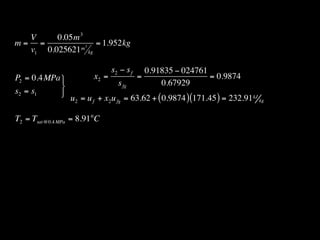 V     0.05m 3
m= =          m3
                 = 1.952kg
  v1 0.025621 kg

                                s2 − s f     0.91835 − 024761
P2 = 0.4MPa             x2 =              =                  = 0.9874
                                 s fg           0.67929
s2 = s1     
                 u2 = u f + x2 u fg = 63.62 + ( 0.9874 ) (171.45 ) = 232.91 kJ kg

T2 = Tsat @0.4 MPa = 8.91°C
 