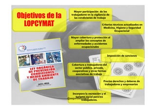 Mayor participación de los

Objetivos de la      trabajadores en la vigilancia de
                       las condiciones de trabajo.

  LOPCYMAT                                    Criterios técnicos actualizados en
                                               Medicina, Higiene y Seguridad
                                                         Ocupacional.

                     Mayor cobertura y protección al
                       ampliar los conceptos de
                      enfermedades y accidentes
                             ocupacionales.


                                                    Imposición de sanciones.


                     Cobertura a trabajadores del
                       sector público, privado,
                     cooperativas y otras formas
                        asociativas de trabajo.

                                                Precisa derechos y deberes de
                                                 trabajadores y empresarios.


                     Incorpora la recreación y el
                       turismo social para los
                  @seguridadysalud
                            trabajadores.
 