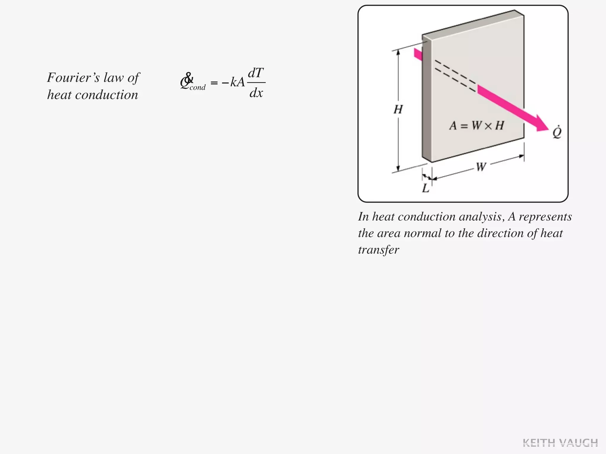 Fourier’s law of   & = −kA dT
                   Qcond
heat conduction            dx




                                In heat conduction analysis, A represents
                                the area normal to the direction of heat
                                transfer




                                                               KEITH VAUGH
 