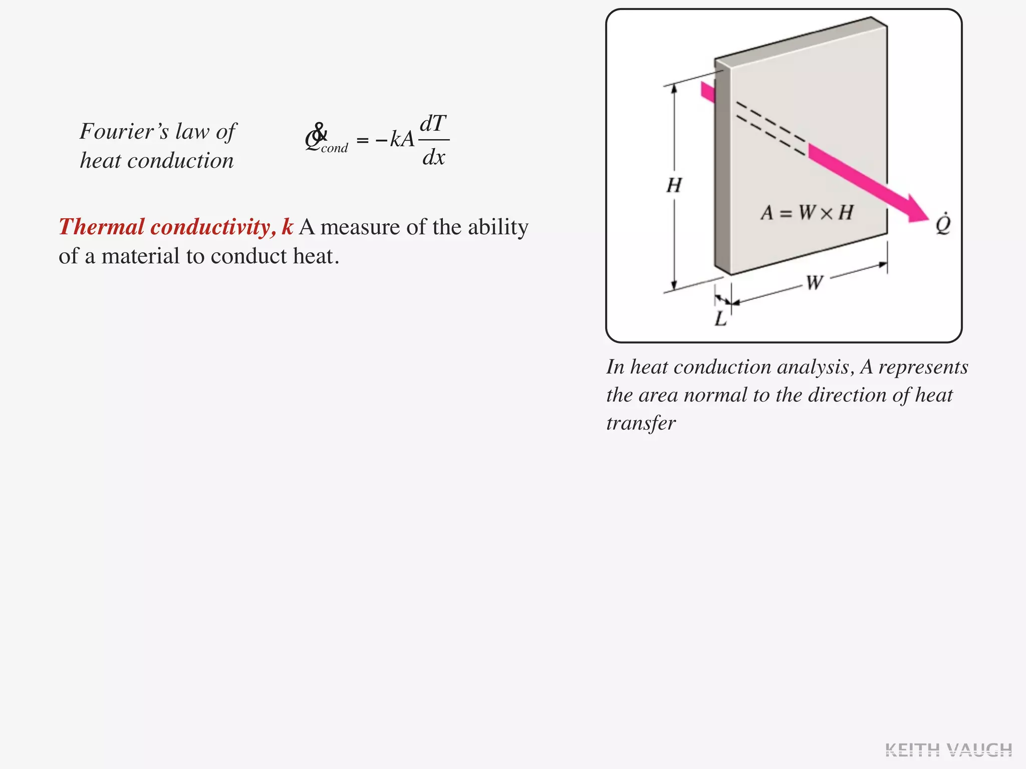 Fourier’s law of       & = −kA dT
                         Qcond
  heat conduction                dx

Thermal conductivity, k A measure of the ability
of a material to conduct heat.



                                                   In heat conduction analysis, A represents
                                                   the area normal to the direction of heat
                                                   transfer




                                                                                  KEITH VAUGH
 