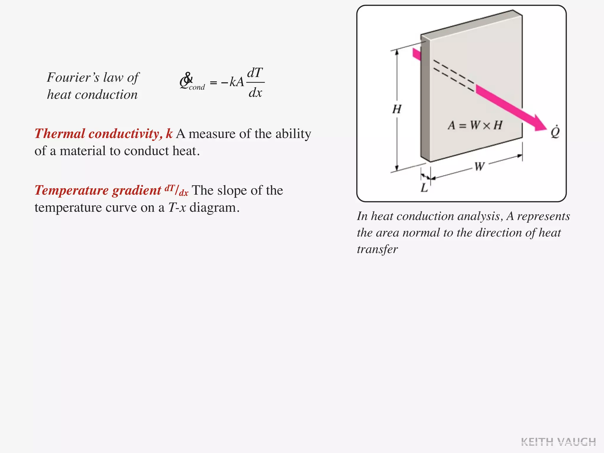 Fourier’s law of       & = −kA dT
                         Qcond
  heat conduction                dx

Thermal conductivity, k A measure of the ability
of a material to conduct heat.

Temperature gradient dT/dx The slope of the
temperature curve on a T-x diagram.
                                                   In heat conduction analysis, A represents
                                                   the area normal to the direction of heat
                                                   transfer




                                                                                  KEITH VAUGH
 