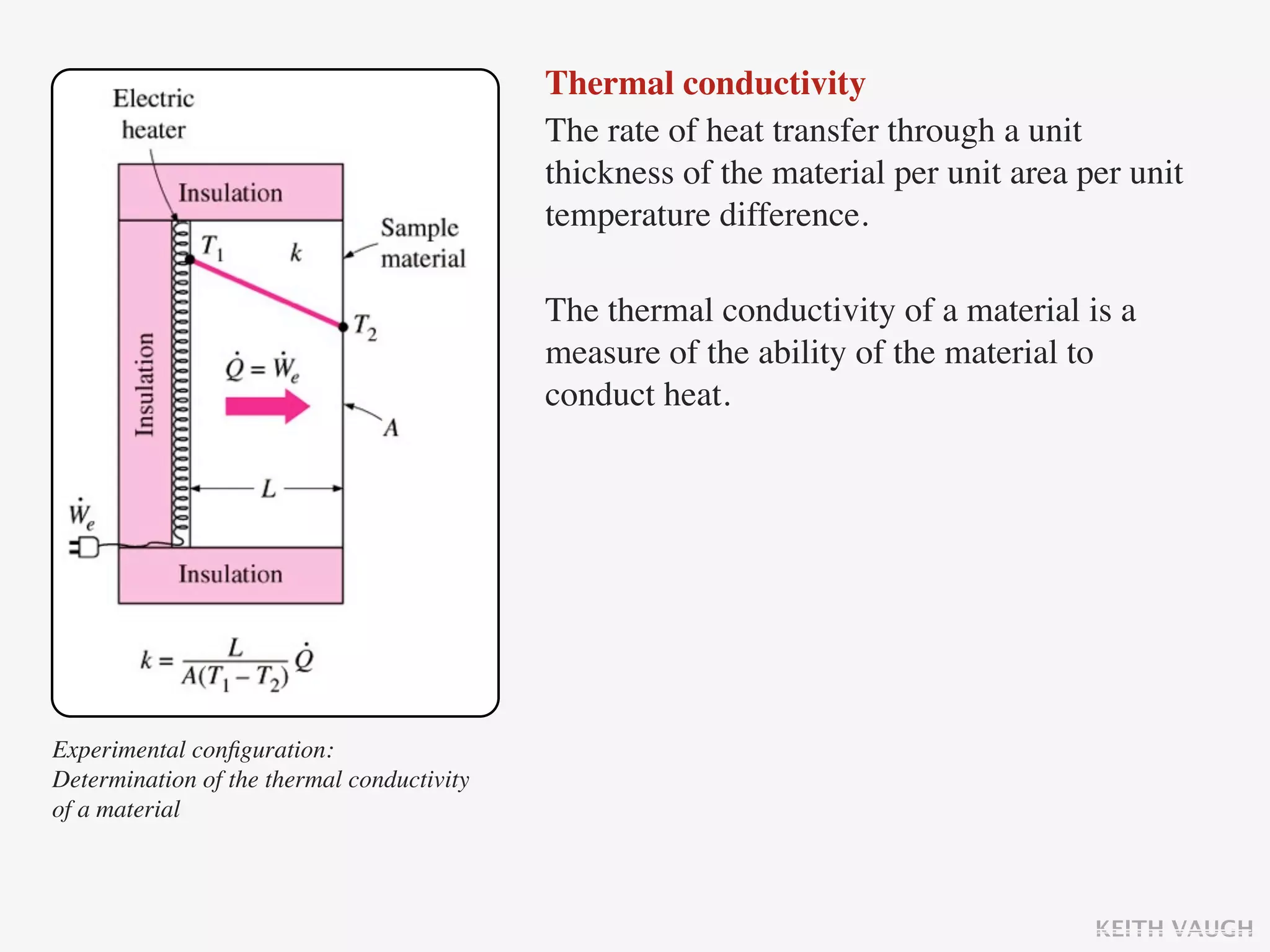 Thermal conductivity
                                            The rate of heat transfer through a unit
                                            thickness of the material per unit area per unit
                                            temperature difference.

                                            The thermal conductivity of a material is a
                                            measure of the ability of the material to
                                            conduct heat.




Experimental conﬁguration:
Determination of the thermal conductivity
of a material



                                                                                     KEITH VAUGH
 