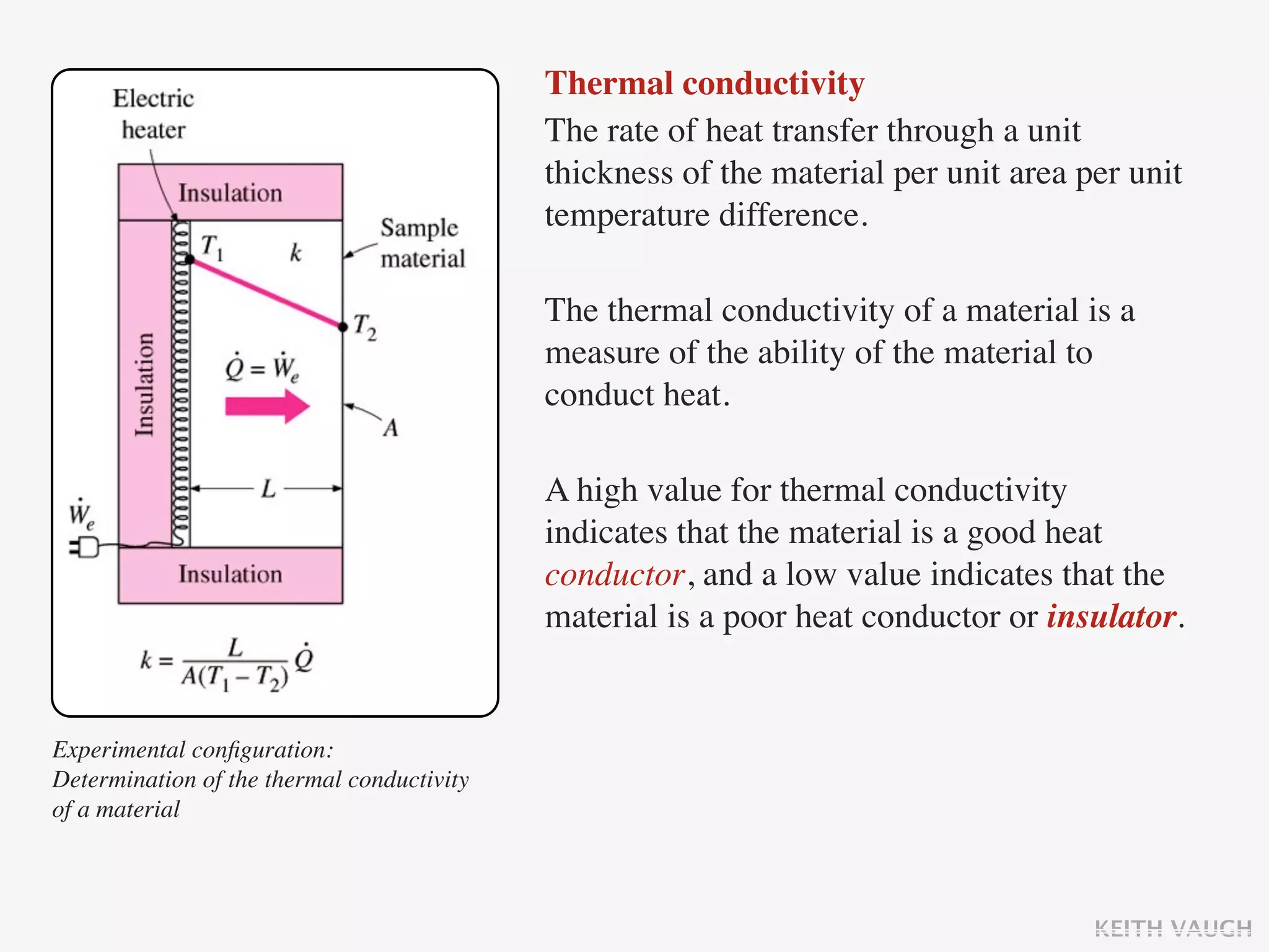 Thermal conductivity
                                            The rate of heat transfer through a unit
                                            thickness of the material per unit area per unit
                                            temperature difference.

                                            The thermal conductivity of a material is a
                                            measure of the ability of the material to
                                            conduct heat.

                                            A high value for thermal conductivity
                                            indicates that the material is a good heat
                                            conductor, and a low value indicates that the
                                            material is a poor heat conductor or insulator.


Experimental conﬁguration:
Determination of the thermal conductivity
of a material



                                                                                     KEITH VAUGH
 